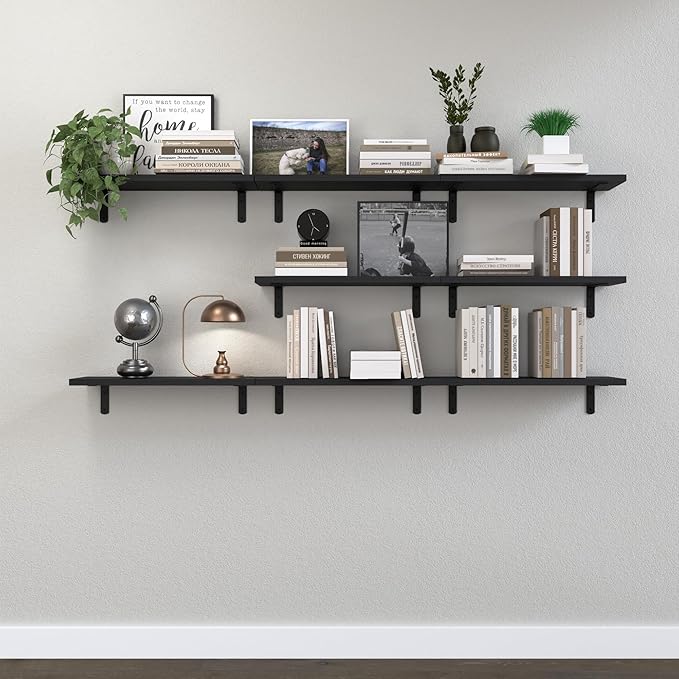 Floating Shelves, 8 Sets Wooden Floating Shelves for Bedroom & Bathroom Wall Decor, Floating Book Shelf Living Room Black