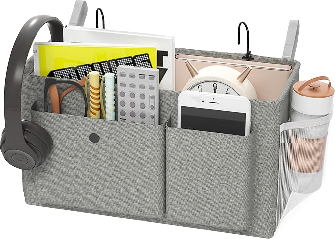 Edudif Bedside Caddy Bedside Organizer with Fixed Straps & Water Bottle Holder, Bunk Bed Caddy ideal for Home, Dorm, Hospital, Crib, Versatile Bedside Storage Solution (Grey)