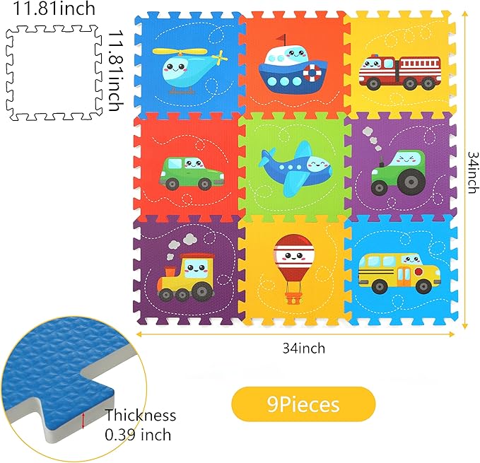 PLAY 10 Baby Play Mat, Foam Playmat for Babies, Kids Play Mat, Foam Floor Tiles 34×34 9 Pieces Vehicle Puzzle Mat