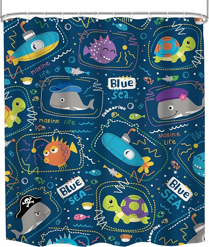 Funny Boys Ocean Shower Curtain 60Wx72H Navy Summer Kids Toddler Nursery Cartoon Sea Animal Cute Fish Fun Underwater Marine Coastal Bathroom Decor Bath Curtain Fabric Polyester 12 Pack Hooks