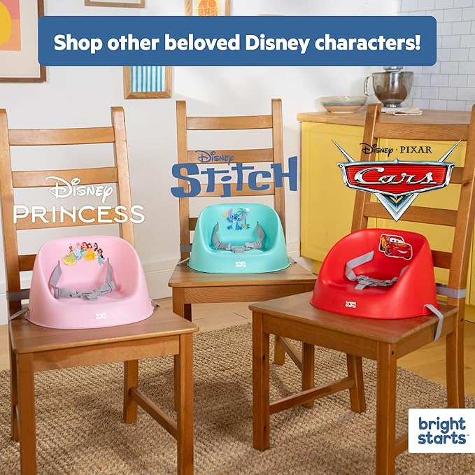 Bright Starts Disney Stitch My Spot Easy-Clean Baby Booster Feeding Chair, 3-Point Harness, Washable Removable Straps, Blue