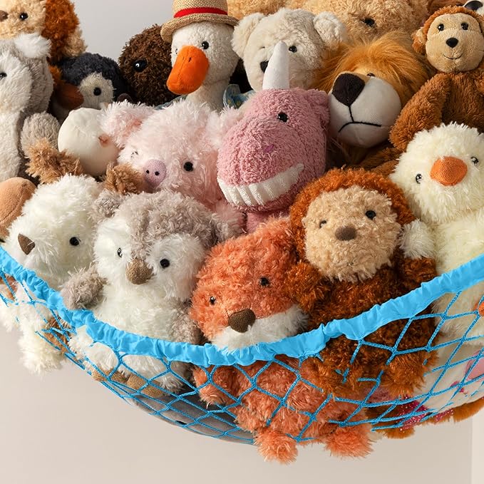 Stuffed Animal Storage Hammock Net Corner - Large Toy Hammock Net for Stuffed Animals Room Decor - Cute Stuff Animal Organizer Holder for Plush Plushie - Kids Baby Nursery Wall Bedroom Home Decor