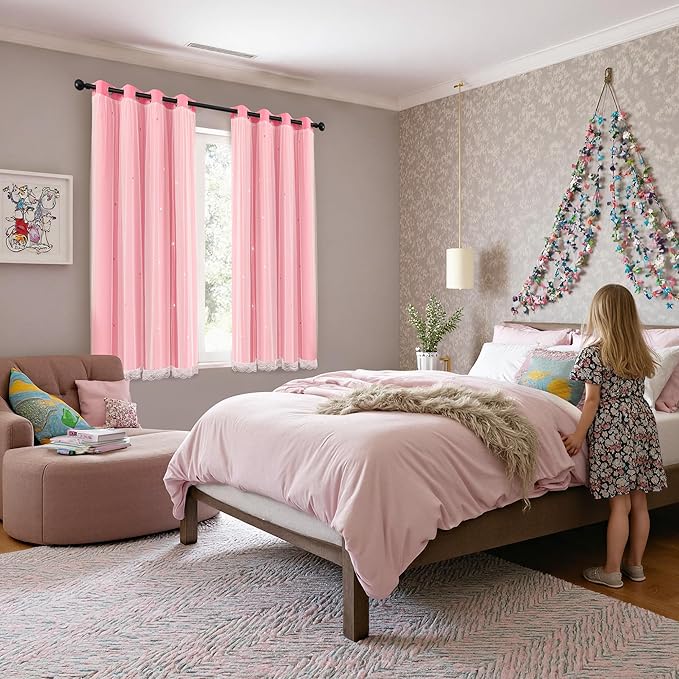 XiDi Pink Curtains with Sheer Overlay for Girls Bedroom 2 Panels Blackout Double Layer Curtains 45 Inches Length for Kids Princess Nursery Room Star Cut Out Grommet Small Window Drapes W42 X L45
