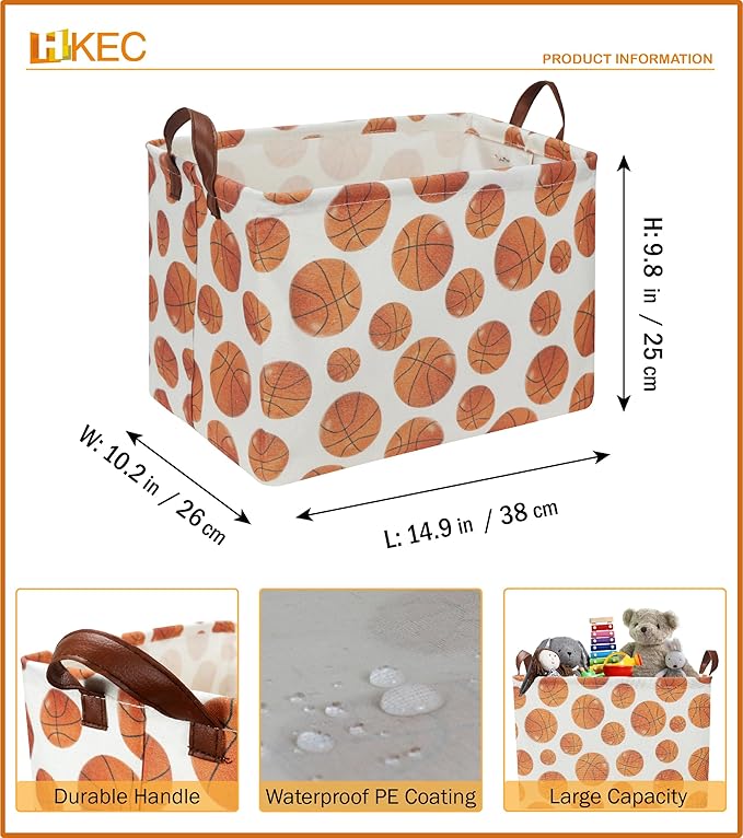 HKEC Rectangle Baksetball Print Storage Basket,Kid Toys Bin with Handles,Room Decor,Gift Basket(Basketball)