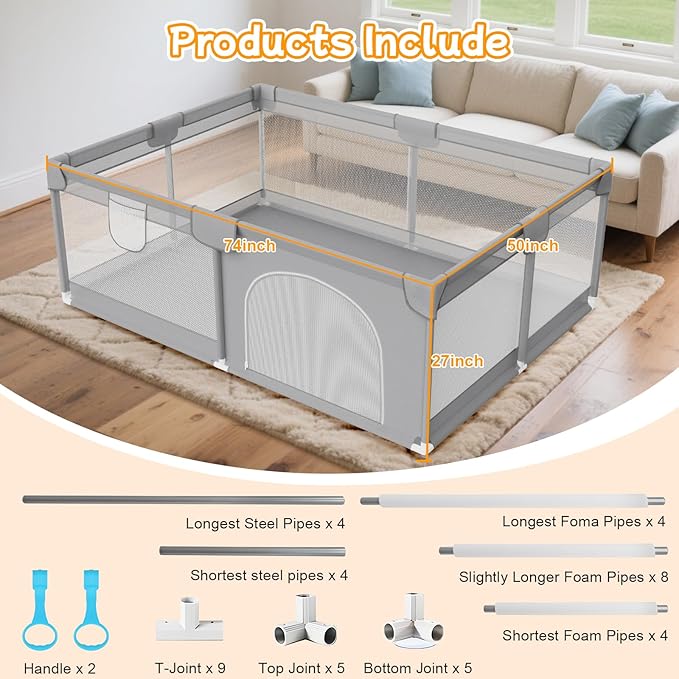 Deeteck 74"x50" Large Baby Playpen - Playpen for Babies and Toddlers with Breathable Mesh & 2 Handles - Baby Fence Playard Safety Activity Center for Indoor & Outdoor, Grey