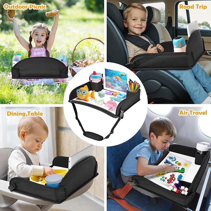 Kids Travel Tray for Toddler Carseat, Road Trip Activities Essentials for Toddler, Kids Lap Desk Tray with Tablet Holder Stand & Dry Erase Board (Black)