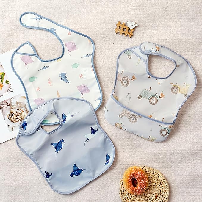 CoolaPeach 3-Pack Waterproof Baby Bibs for Eating - Lightweight Feeding Bibs, Mess Proof, Baby Essential Must Have for Eating