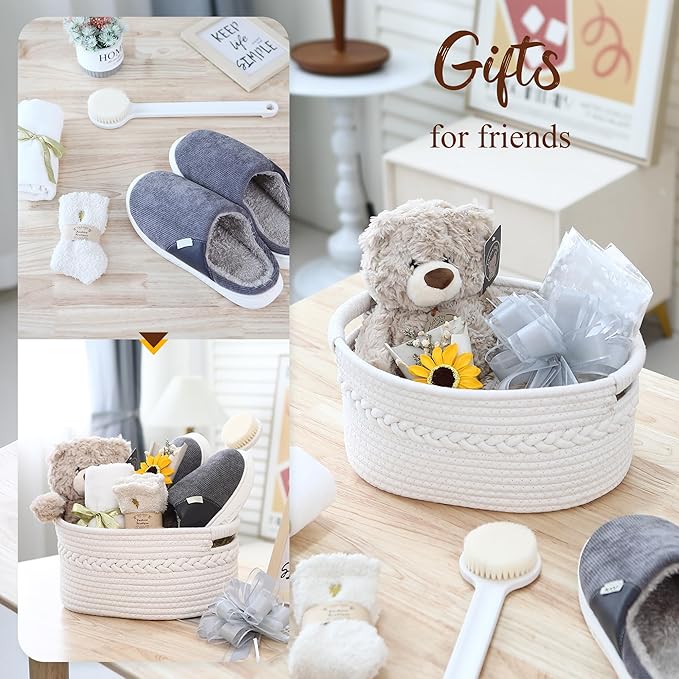 Sea Team Woven Cotton Rope Gift Basket with Gift Bags & Ribbons, Optional Stuffed Bear & Sunflower, Baby Shower Present, Pet Gift or Nursery Storage Bin, 13.4 x 9.1 x 7.1 Inches, White