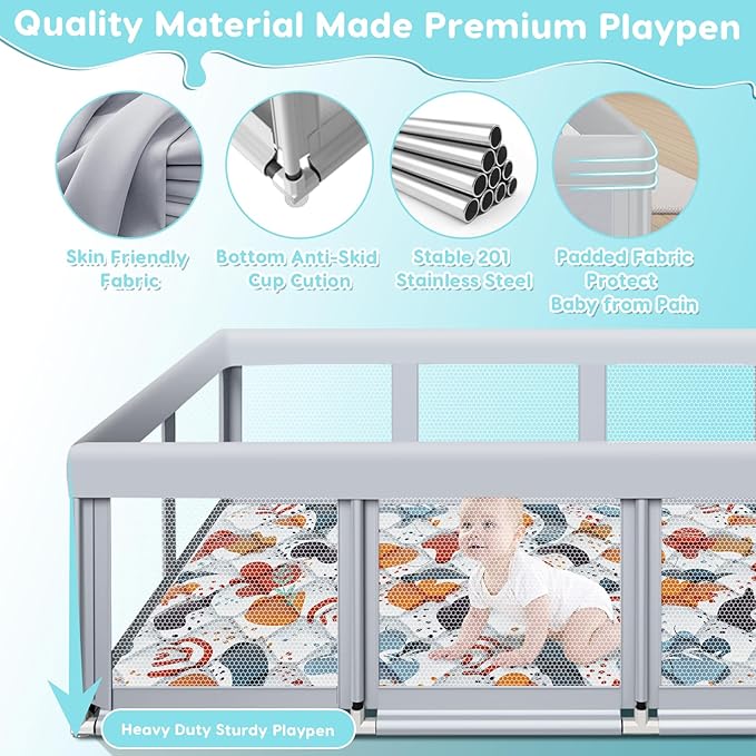 Fshibila 74" ×50" Large Baby Playpen, Baby Playard for Babies and Toddlers, Play Pens for Indoor & Outdoor, Sturdy Safety Play Yard with Soft Breathable Mesh, Anti-Fall, Grey (with MAT)