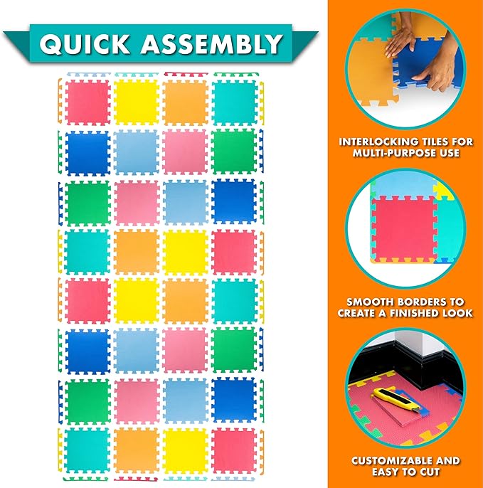 ProSource Baby Play Mat, Soft Foam Floor Tiles for Kids, Interlocking EVA Panels for Playpen Use, Crawling Development Surface, Safe Non-Toxic Toddler Flooring, 32 Tiles, Multicolor