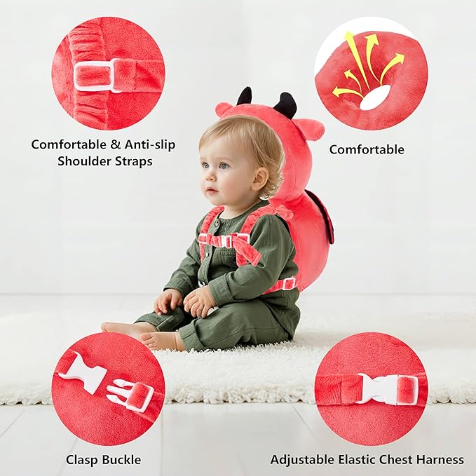 Baby Head Back Protector Backpack Toddler Safety Protector Cushion Pad Soft, Adjustable and Lightweight Design for Safe Walking and Crawling Toddlers Girls and Boys(Red Devil)