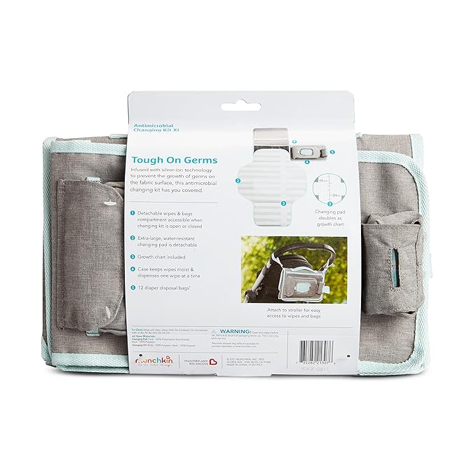 Munchkin Portable Changing Pad – Lightweight and Compact Baby Diaper Changing Mat with Silver-Ion Technology, Includes 12 Diaper Disposal Bags, Grey
