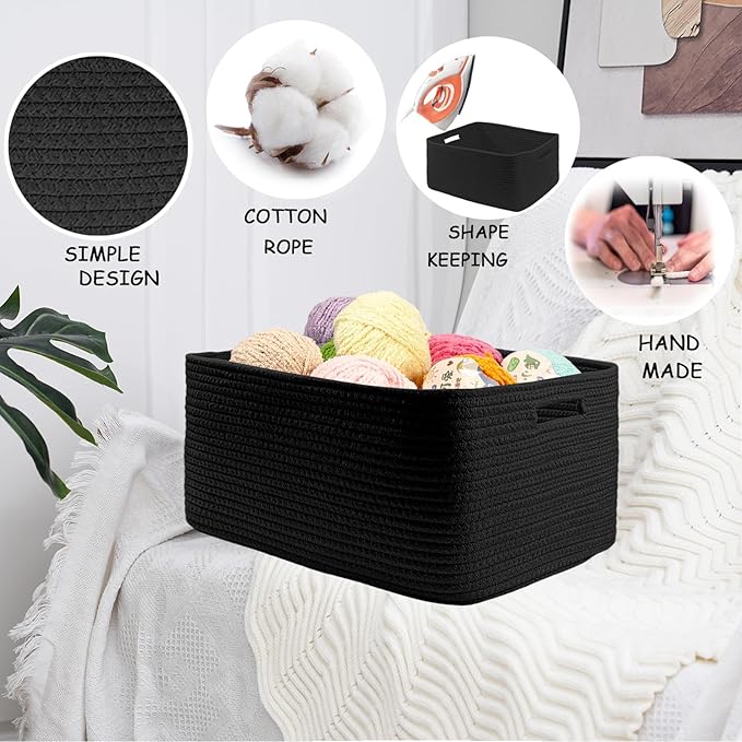 COMFY-HOMI 2 pcs Large Storage Baskets for Shelves, Laundry Basket, Woven Rope Basket, Closet Organizer Bins for Clothes Blanket Towels, Baby Nursery, Gift Toy Baskets, 17” x 13” x 7.5”-Black