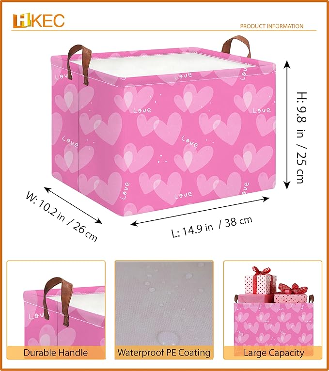 HKEC Rectangle Storage Basket with Handles,Collapsible Storage Bin,Books Box,Gift Basket(Pure Love)