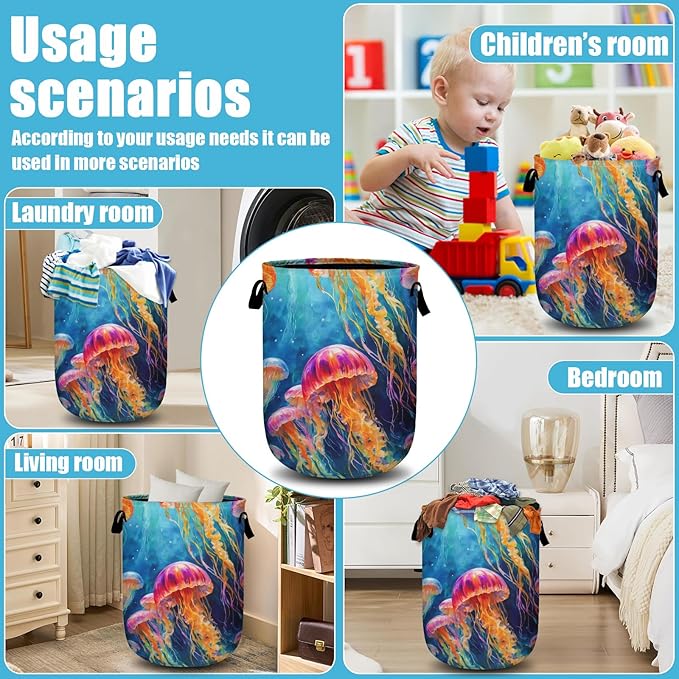 Colorful Jellyfish Ocean Laundry Basket, Laundry Hamper Collapsible Oxford Cloth with Handle Clothes Toy Storage Bin for Bathroom Laundry Room Bedroom 15.7 X 20 Inch