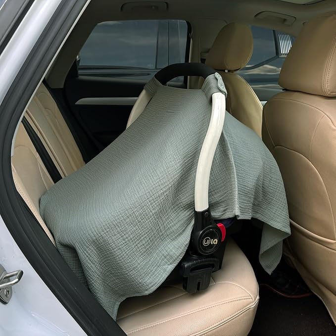 100% Muslin Cotton Car Seat Cover Baby, Carseat Canopy Cover, Universal Fit Stroller Covers for Boys and Girls (Roman Green)