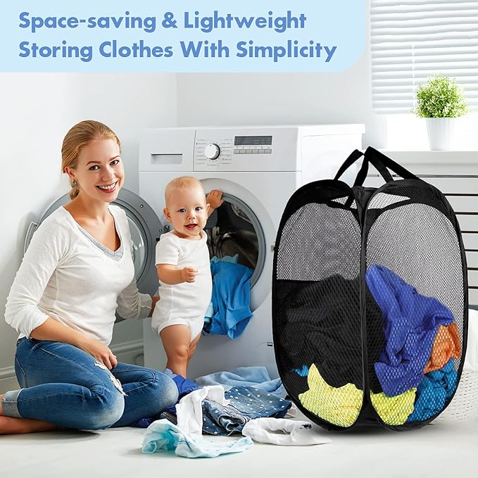 DUCOO Pop Up Laundry Hamper, 70L Collapsible Mesh Laundry Basket with Side Pocket, Foldable Dirty Clothes Hamper with Sturdy Reinforced Handles for Home Dorm Bedroom Travel Storage, Black, 2Pack