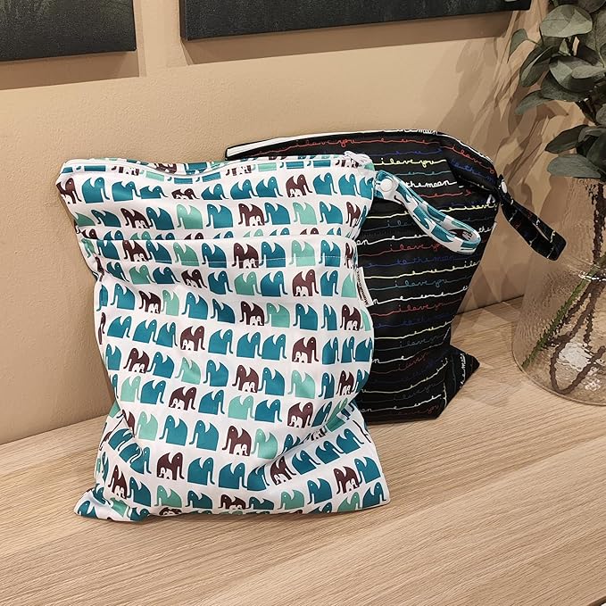 Mama Koala Waterproof Wet Dry Bags for Baby Items, Cloth Diapers, Swimsuits, Travel, Gym Clothes, Beach, Pump Parts, Toiletries, Two Zippered Pockets, 2 Pack (W022)