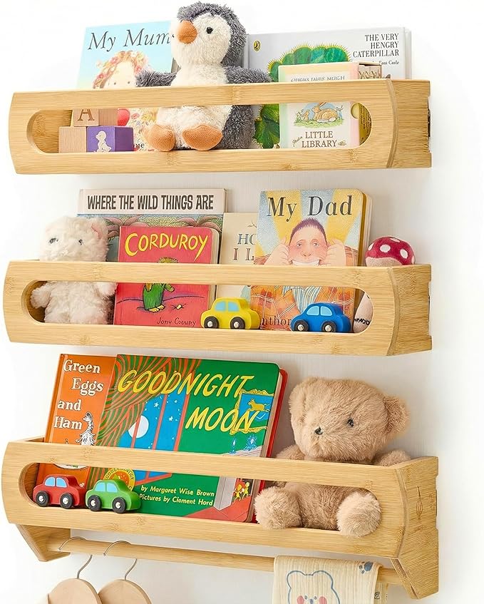 Homewisp Floating Shelves for Wall, Premium Bamboo Wood, Fully Assembled - Nursery Book Shelves, Nursery Decor, Book Shelf for Kids Rooms, Set of 3 Natural
