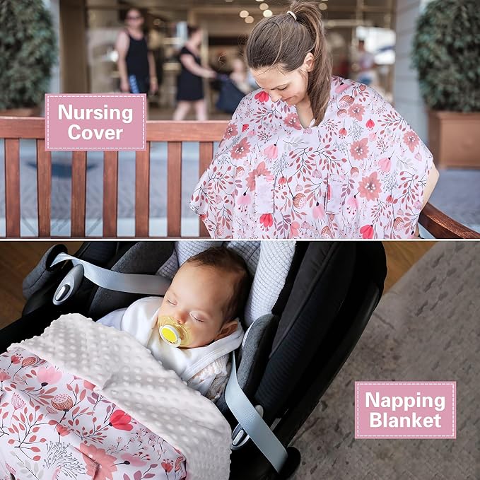 Rquite Car Seat Cover Baby, Carseat Covers Baby Girl, Minky Infant Car Seat Cover Winter, Peekaboo Opening Car Seat Canopy, Multi-use Baby Carrier, Stroller, Nursing Cover, Minky Blanket, Pink Flower