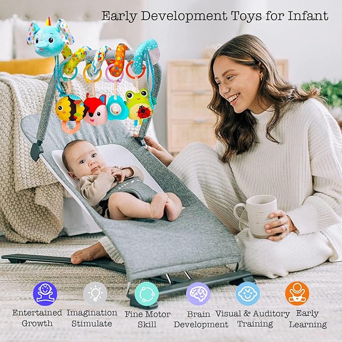 Stroller Toys, Car Seat Toys for Babies Infants 0-6 Months, Activity Spiral Plush Hanging Toy Gift for Baby Boys and Girls 0 3 6 12 Months Newborn Sensory Toy with Rattles Squeaker Music -Blue