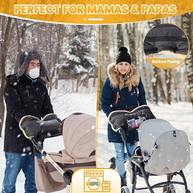 Orzbow Faux Sheepskin Stroller Gloves with Phone Pockets, Winter Extra Thick Mittens for Baby Stroller, Cozy & Warm, Anti-freeze Hand Muff Easily Attaches to Stroller for Parents Caregivers, Dark Gray