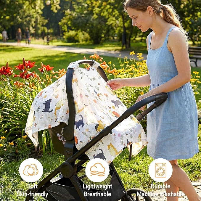 Metplus Car Seat Cover Baby, 100% Muslin Cotton Infant Carseat Covers for Boys and Girls, Lightweight Breathable Canopy, Summer Stroller Sun Shade, Newborn Travel Essentials(Cat)