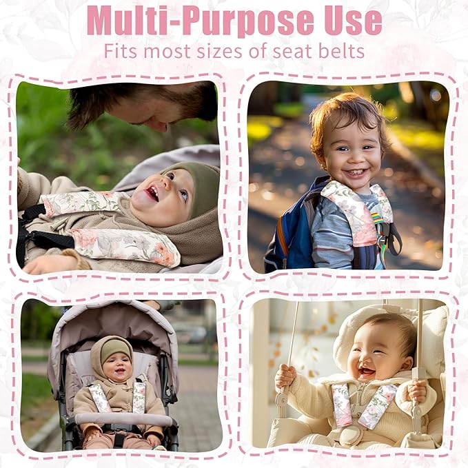 Car Seat Strap Pads for Baby Kids, HNHUAMING Ultra Soft Pink Carseat Straps Shoulder Covers, 2 Pack Infant Seat Belt Cover Pad for Baby Car Seats/Strollers/High Chair/Pushchair, Floral