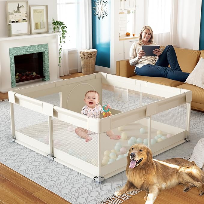 Fodoss Baby Playpen, Upgrade Playpen for Babies and Toddlers, 47x47inch Beige Play Pen for Babies with Hand Pulling Ring, Play Pen Center for Kids,Baby Fence,Kids Playards
