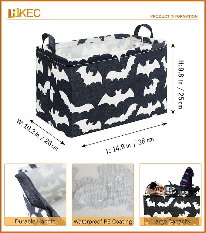 HKEC Rectangle Storage Basket with Handles,Collapsible Kids Toys Bin,Books Box,Gift Basket(Bat)