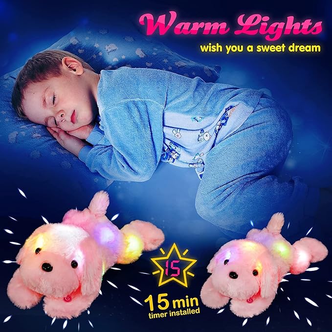 WEWILL 18'' Light up Pink Puppy Dog LED Stuffed Animal with Colorful Night Light Glow Soft Plush Toy Gifts for Kids on Christmas Birthday
