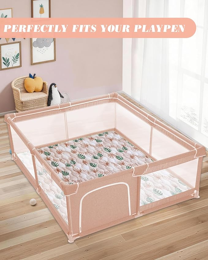 Viviland Baby Mats for Floor, 50x50 Inch Playpen Mat, Thick Cushioning Padding Playmat for Baby and Toddlers Infants, Non-Slip & Machine Washable, Green Leave