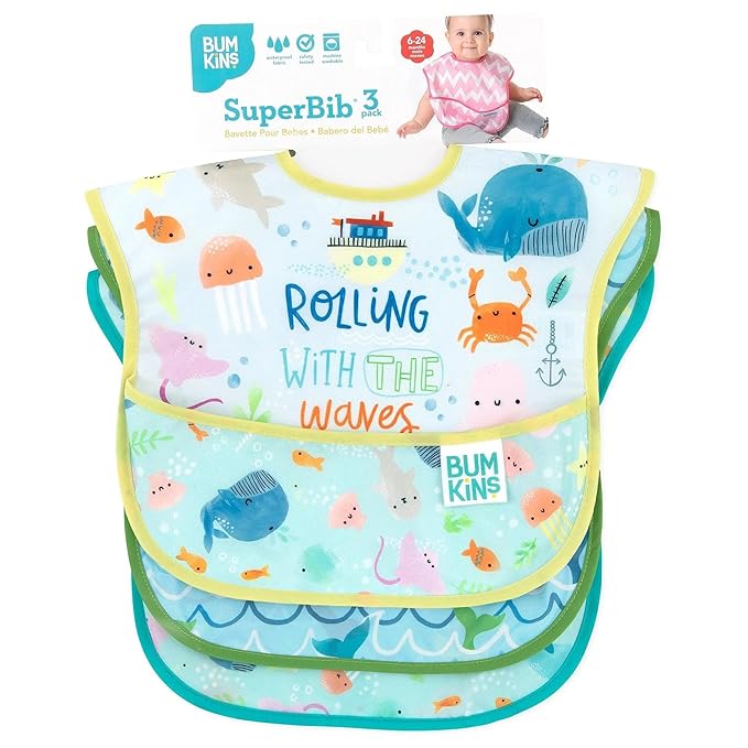Bumkins Bibs for Girl or Boy, SuperBib Baby and Toddler 6-24 Months, Essential Must Have for Eating, Feeding, Baby Led Weaning Supplies, Mess Saving Catch Food, Waterproof Fabric 3-pk Blue Ocean Life