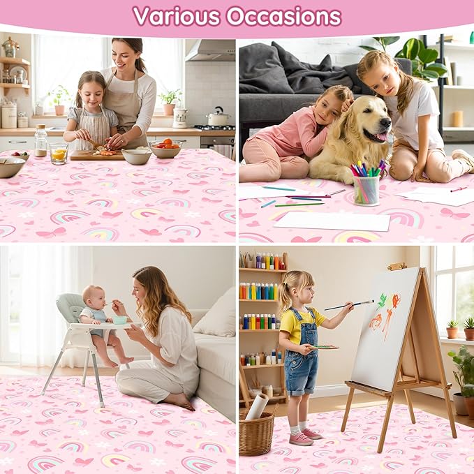 Basumee Splat Mat High Chair Mat Waterproof Baby Play Splat Mat for Under High Chair Food Catcher Highchair Mat for Floor Non Slip Bottom, Pink Rainbow, 51x51 Inches