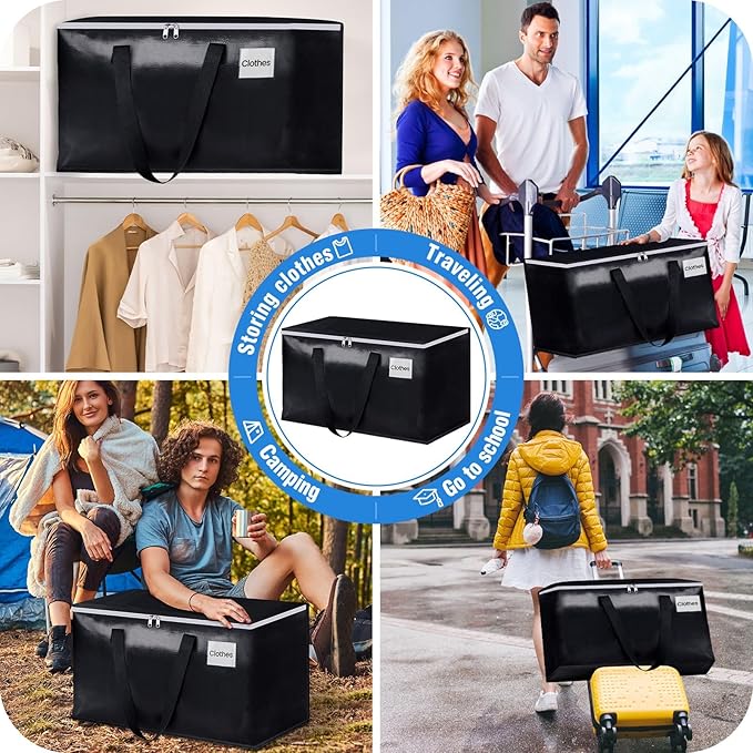 BlissTotes Moving Bags, Heavy Duty Moving Boxes with Zippers Top and Sturdy Handles, Storage Bags for Space Saving and Packing, Collapsible Moving Supplies, Storage Totes (76L, 4-Pack, Black)