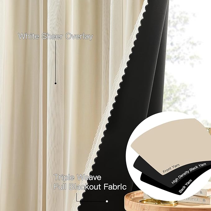 XiDi Full Blackout Beige Curtains with Sheer Overlay for Bedroom Living Room 2 Panels 96 Inches Long Double Layer Curtains for Kids Nursery Girls Light Block Room Darkening Grommet Drapes W52 x L96