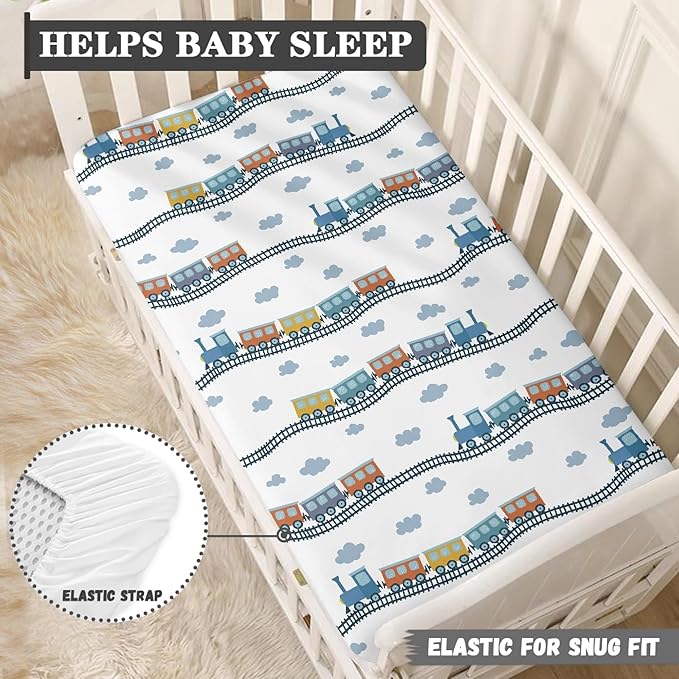 Colorful Train Fitted Crib Sheet for Boys Girls Cartoon Trains Baby Sheet for Standard Crib and Toddler Watercolor Steam Trains Nursery Bed Mattress Sheets 28"x52"