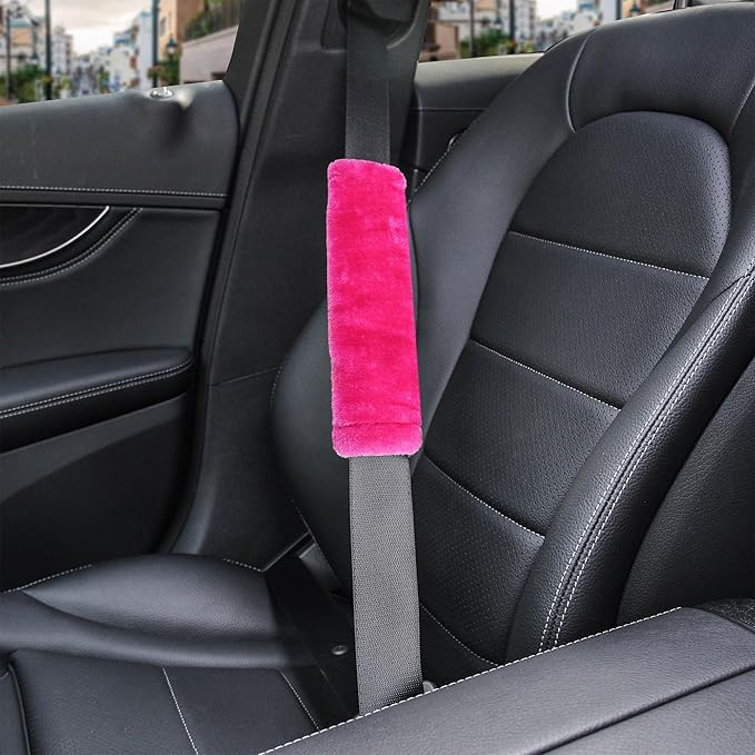 Amooca Soft Faux Fur Universal Fit Seatbelt Cover Car Truck SUV Airplane Seat Belt Shoulder Pad for Carmera Backpack Straps Neck Cushion Protector 2 Pack 10.5in Rose Red