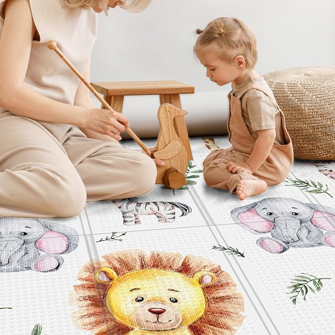 71x59 Foldable Baby Play Mat for Floor, Foam Playmat for Babies 0-12 Months, Kids Non Toxic Thick, Waterproof & Anti-slip Crawling Toddlers Mats, Babies Activity Tummy Time Playmat, Lion,71x59