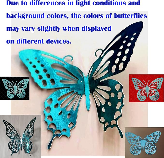 JOSDIOX 3D Turquoise Blue Butterfly Wall Stickers - 48 Pcs with 4 Styles & 3 Sizes, Removable Decor for Party Birthday Wedding Cake Balloon Decoration (48 Blue