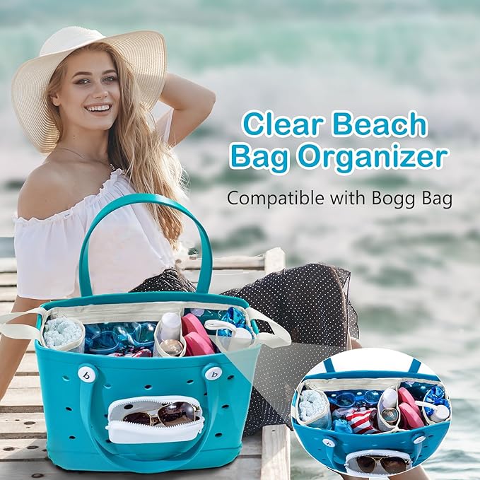 Clear Beach Bag Organizer Insert with 3pcs Accessories for Medium Bogg Bag Inserts -Beach Tote Bag Divider with Sunglasses Holder, Phone Holder and Clips Hooks - Beach Tote Insert Organizer Liner