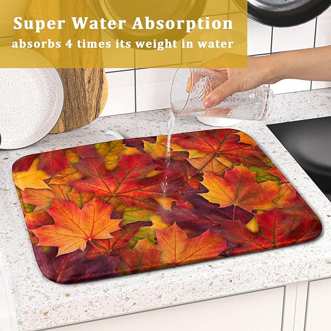 Colorful Autumn Maple Leaves Dish Drying Mat for Kitchen Counter Fall Drying Mat 16 x 18 Inch with Absorbent Reversible Microfiber Dish Drying Pad Dish Rack Drainer Mat for Coffee Bar
