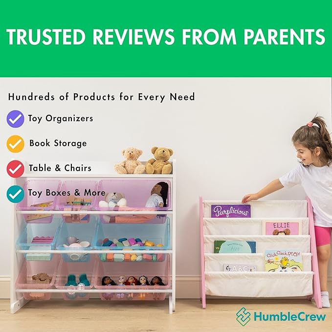 Humble Crew 4-Tier Kids Bookshelf, Pink/White - Premium Book Shelf for Kids Rooms with Four Deep Pockets - Toddler Sling Book Rack with Deep Sleeves, Nursery Bookcase Organize