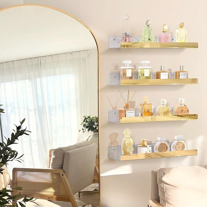 RORKIM 2 Pack 24 Inch Gold Reflective Acrylic Shelves, Gold Foating Shelves, Modern Sunglasses Essential Oil Picture Ledge Display Toy Storage Shelf