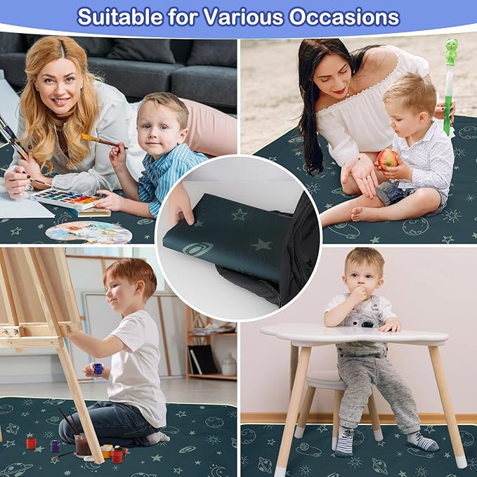 Basumee Splat Mat High Chair Mat Waterproof Baby Play Splat Mat for Under High Chair Food Catcher Highchair Mat for Floor Non Slip Bottom, Dark Blue Space, 51x51 Inches