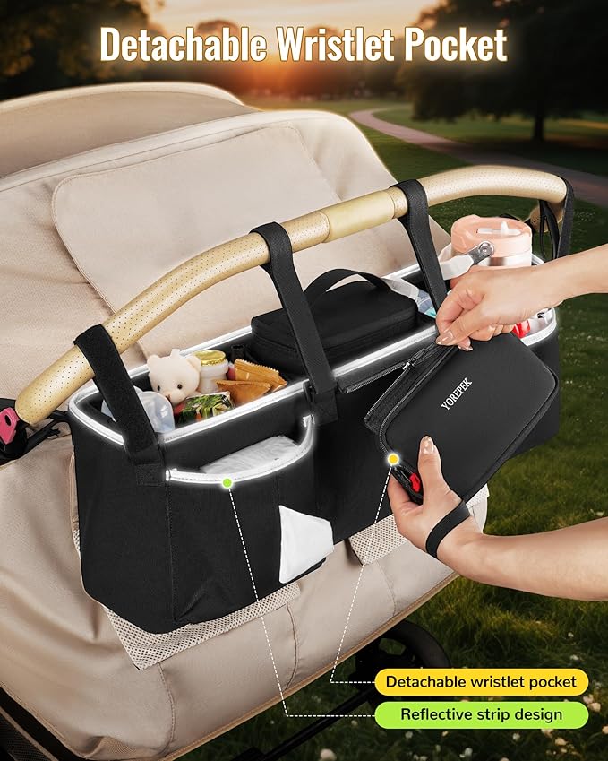 YOREPEK Heavy Duty Double Stroller Organizer for Bob Duallie, Baby Jogger City Mini GT2 and Jeep,Stroller Caddy with Detachable Cooler Bag and Handbag,Stroller Storage Attachment for Baby Accessories