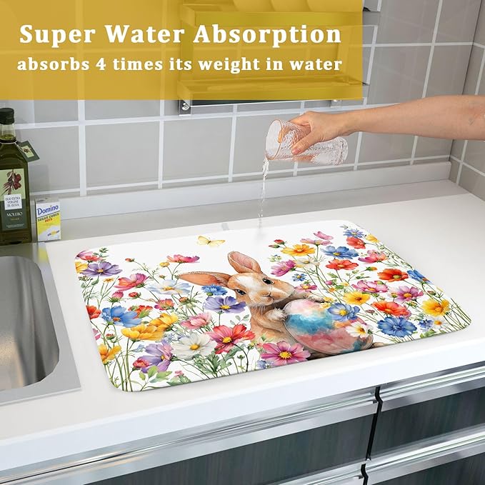 Spring Easter Rabbit Egg Dish Drying Mat for Kitchen Counter,Colorful Flowers Butterfly Drying Mat 18 x 24 Inch with High Absorbent Microfiber Drainer Mat for Coffee Bar