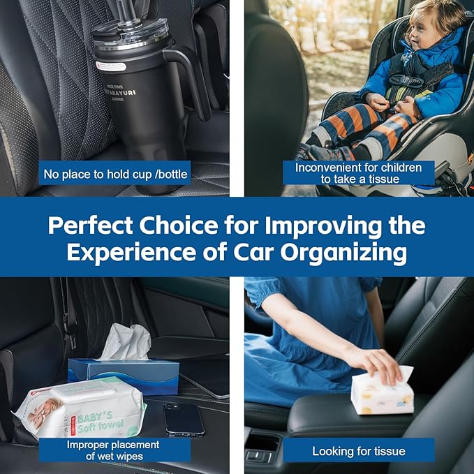CHOEGIG Multifunctional Car Tissue Holder,Back Seat Organizer with Cup Holder,PU Leather Car Headrest Seat Back Storage,Snack Organizers for Kids,Large Tissue Box Cover Fit Kleenex Tissues(50-230ct)