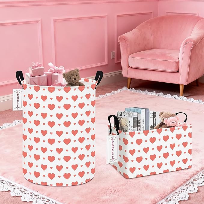 QUEENLALA Rectangular Laundry Hamper/Foldable Nursery Laundry Basket for Organizing/Storage Bin Baskets/Children Toy Office Bedroom/Toy Bin Closet Shelf Baskets(Rec-Pink Heart)