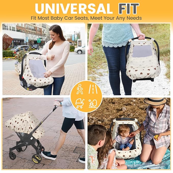 Orzbow Cotton Baby Car Seat Cover, Breathable Car Seat Canopy for Girls Boys with Mesh Window, Lightweight Baby Carrier Cover for Wind, Dust, Sun and Insects Protection, Universal Fit, Beige